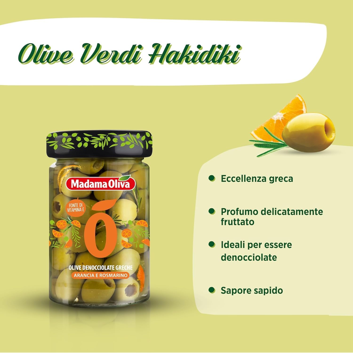 Madama Oliva Greek Pitted Green Olives 300 g, Halkidiki Variety, Orange and Rosemary Flavour, Castelvetrano Processing, Packed in Brine, Intense and Aromatic Flavour 2