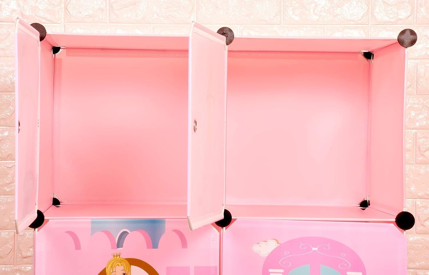 THE LITTLE LOOKERS Collapsible Kids Clothing Wardrobe | Cute Prince & Castle Print/Portable Waterproof Multipurpose Storage Rack/Adjustable Almirah for Babies/Girls/Boys (Pink Castle, 6 Cube) Plastic 1