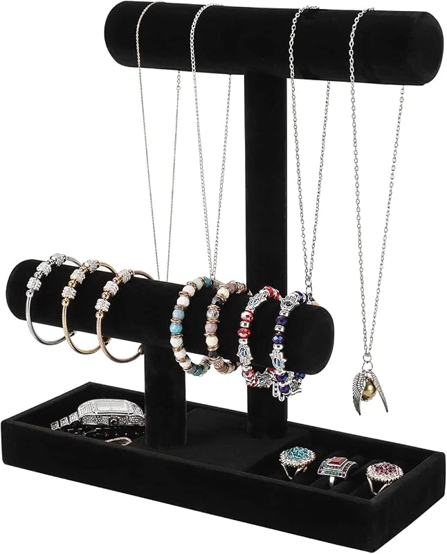 ByKen Soporte para joyas de 2 niveles, soporte organizador para collares y pulseras (negro) | con bandeja para aretes, envoltura con terciopelo suave, torre de joyería para coletero para relojes, multiusos