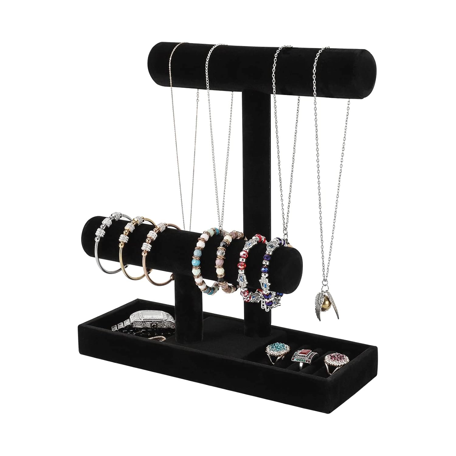 ByKen Necklace Holder Bracelet Holder Jewelry Organizer Stand with Earrings Rings Tray Jewelry Holder for Scrunchie Watches Black