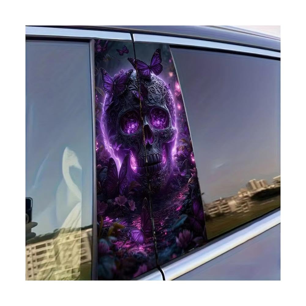 Dabhuoc One Color Car Parts 2Pcs Car Center Pillar Sticker Carved Fluorescent Skull Glossy Protective Polyethylene Film