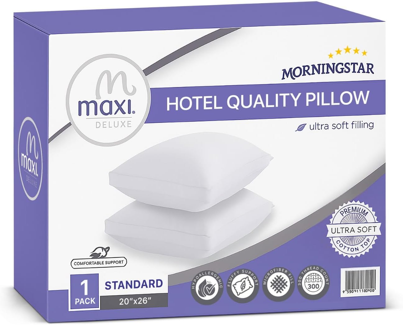 Maxi Deluxe Standard Size Bed Pillow – Ultra Soft & Comfortable – Versatile for Side, Back & Stomach Sleepers – 300TC Cotton Top – Single Pack – (Standard Size Pillow is 20 x 26)