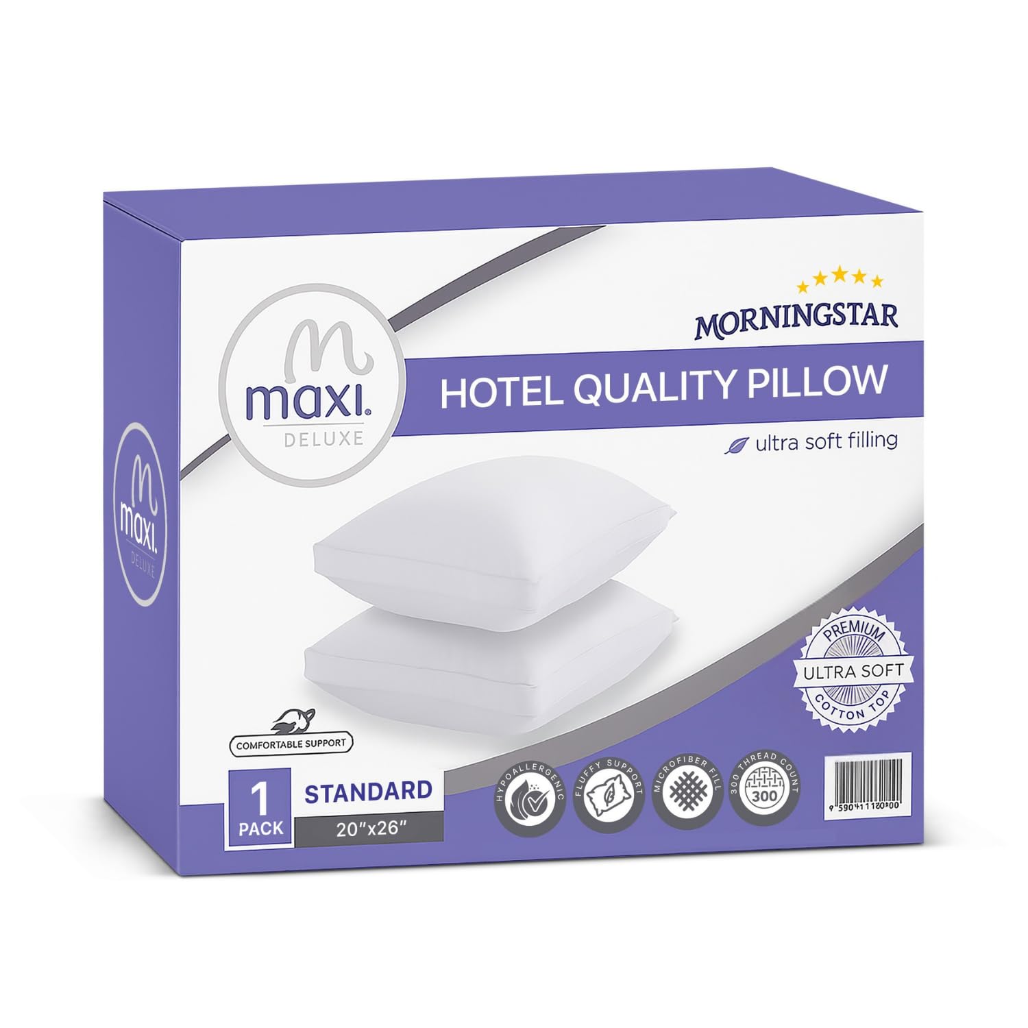 Maxi Deluxe Standard Size Bed Pillow – Ultra Soft & Comfortable – Versatile for Side, Back & Stomach Sleepers – 300TC Cotton Top – Single Pack – (Standard Size Pillow is 20 x 26)