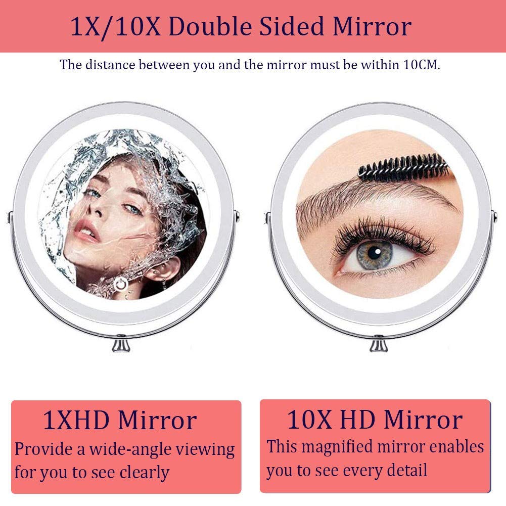 Espejo de maquillaje montado en la pared, con Luces - Aumento de 10x Espejo de baño extensible giratorio de Dos Caras de 7'' Fuente Doble