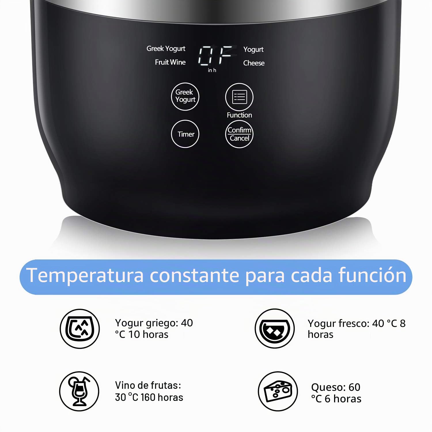 Máquina automática de yogur digital con olla interior de acero inoxidable, 2 tarros de vidrio (1 cuarto de galón) y colador para yogur orgánico en el hogar, color negro