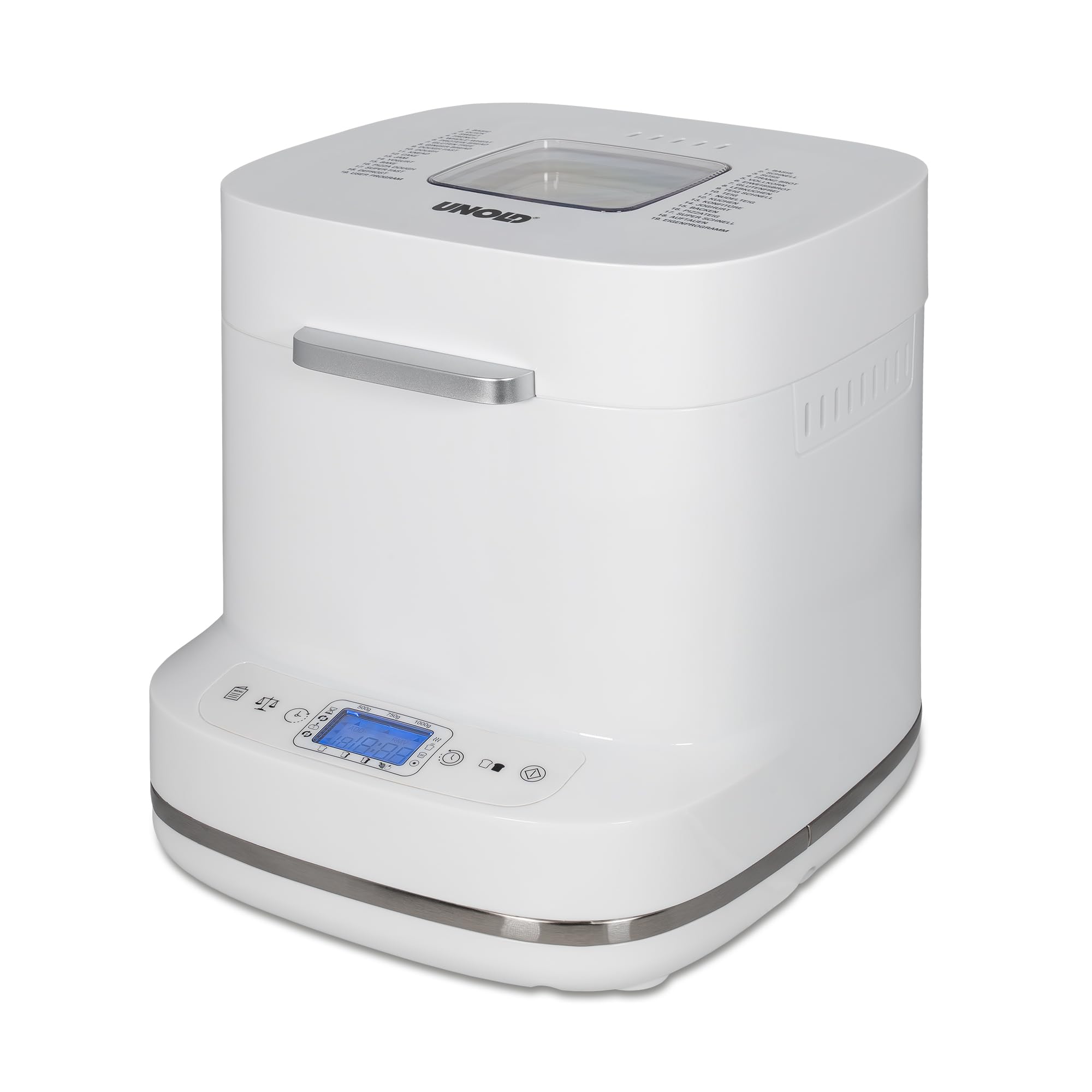 Unold Backmeister Bernd 68120, bis 1000 g Gewicht, 19 Programme, individuelles Programm, Zeitvorwahl, Antihaftbeschichtet, LCD-Display, entnehmbare Backform, 550 Watt, Weiß