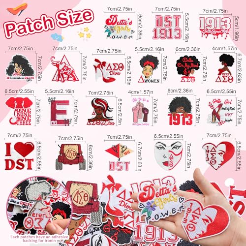 Image of 20pcs Delta Theta Sigma Iron on Patches Sorority Paraphernalia, Red and Black Embroidered Delta 1913 Applique Patch for Hats, Clothes, Jackets, Bags, Jeans, T-Shirt