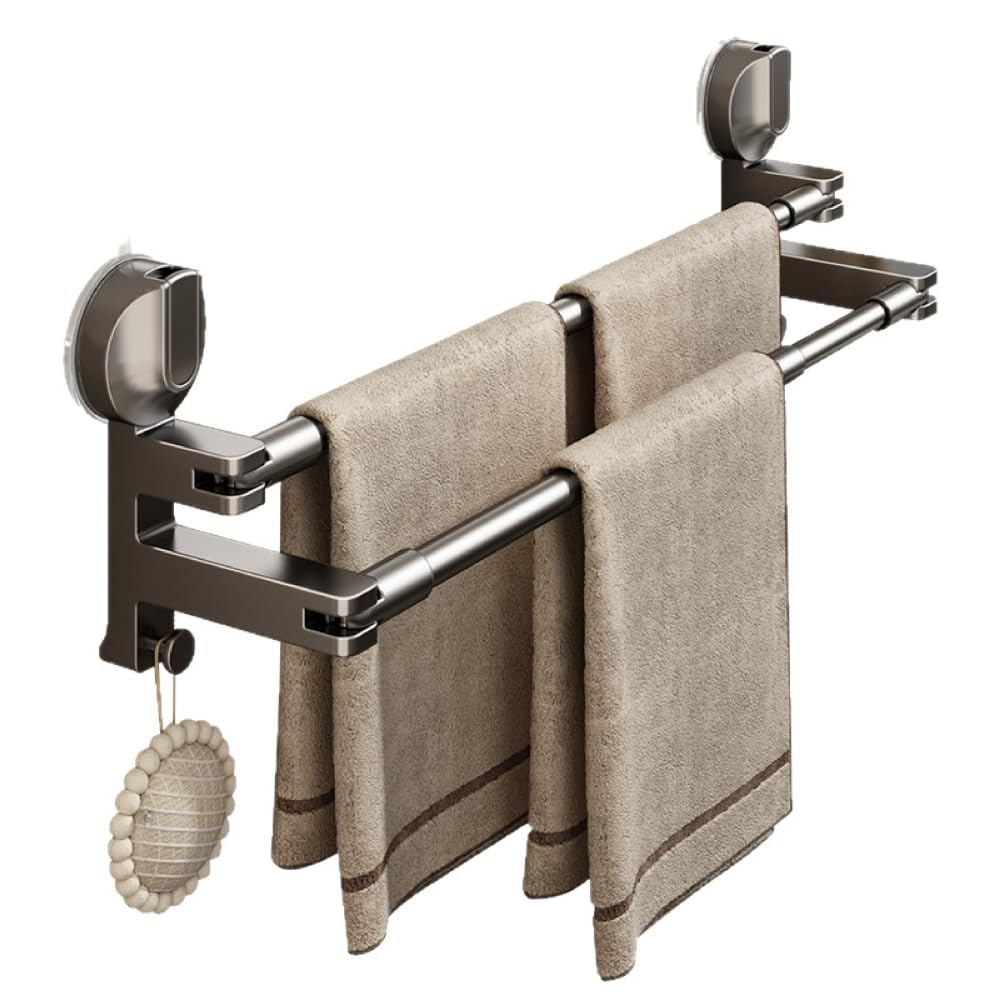 Suction Cup Towel Bar, Adjustable Extendable Bathroom Towel Rack with Hooks, No-Drill Wall Mounted Telescopic Towels Hanger for Shower Bathroom Organization