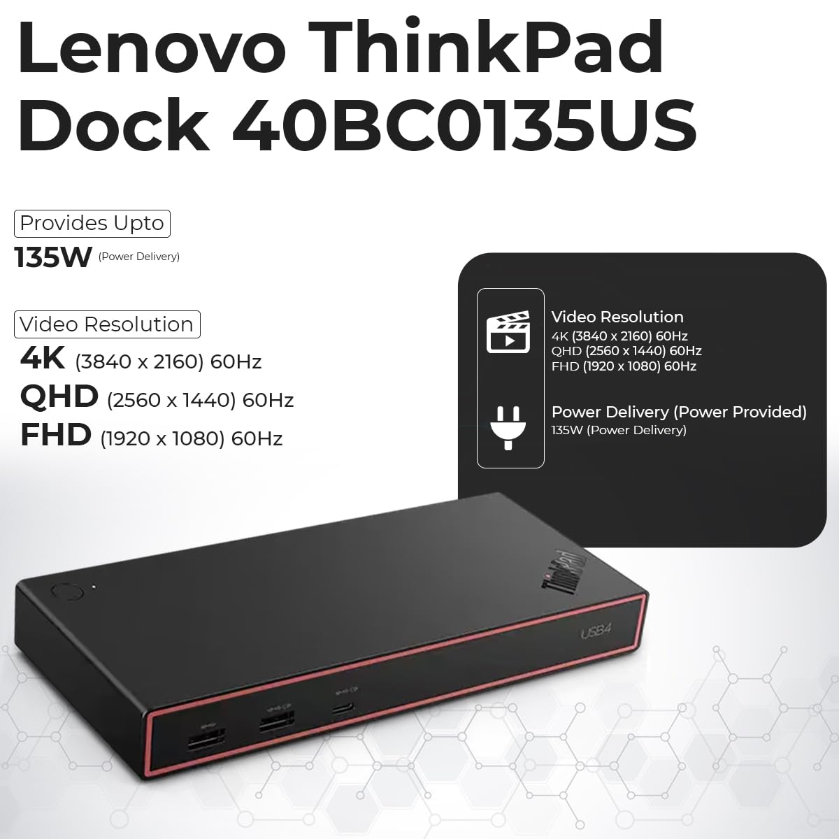 40BC0135US USB4 Smart Dock 5500 - Docking station per laptop con cavo USB4 integrato, uscite video HDMI 2.1 e DisplayPort 1.4, porte multiple USB-A e USB-C, Gigabit Ethernet, Power Delivery da 100 W