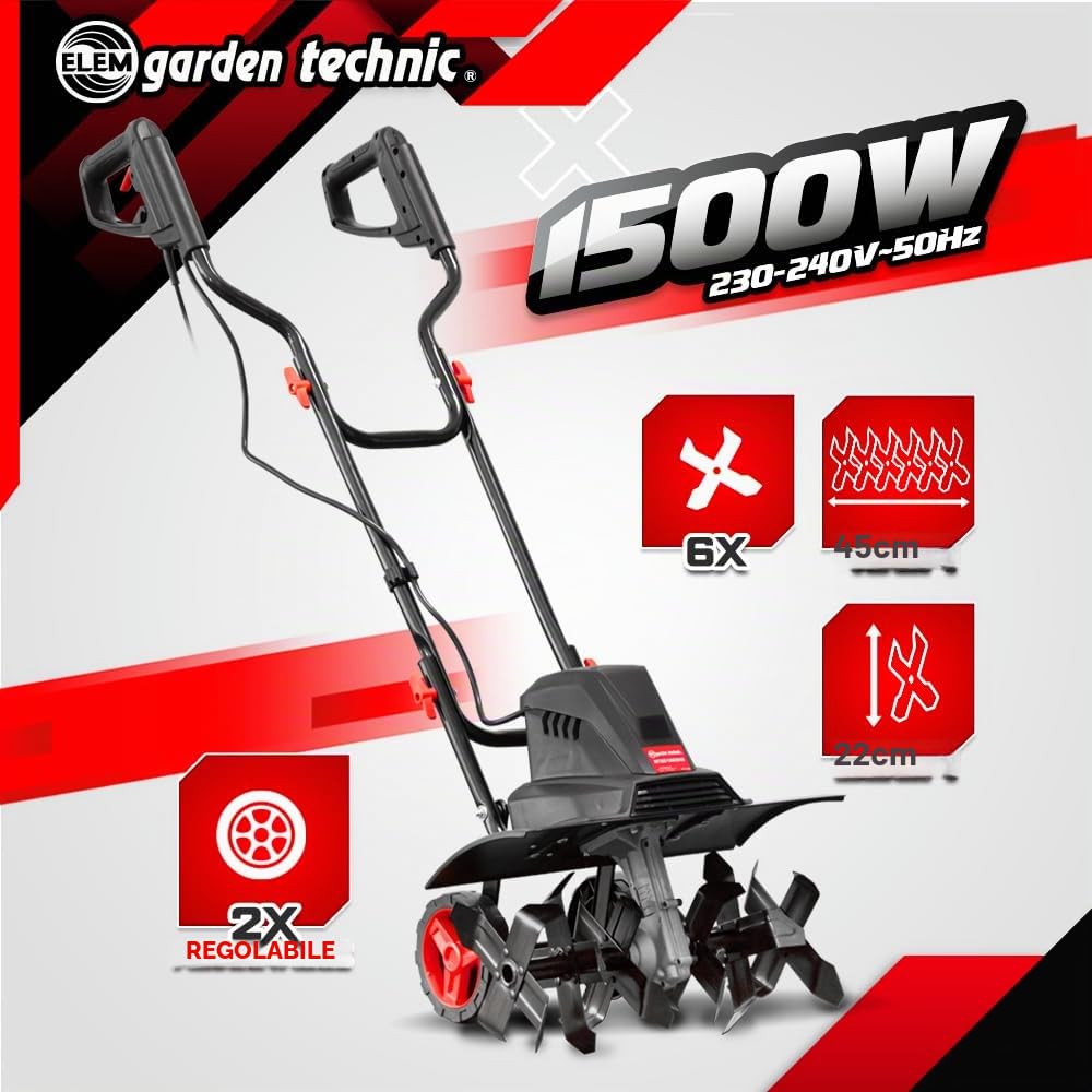 Motozappa elettrica 1500 W - 6 frese - 45 cm - Elem Garden
