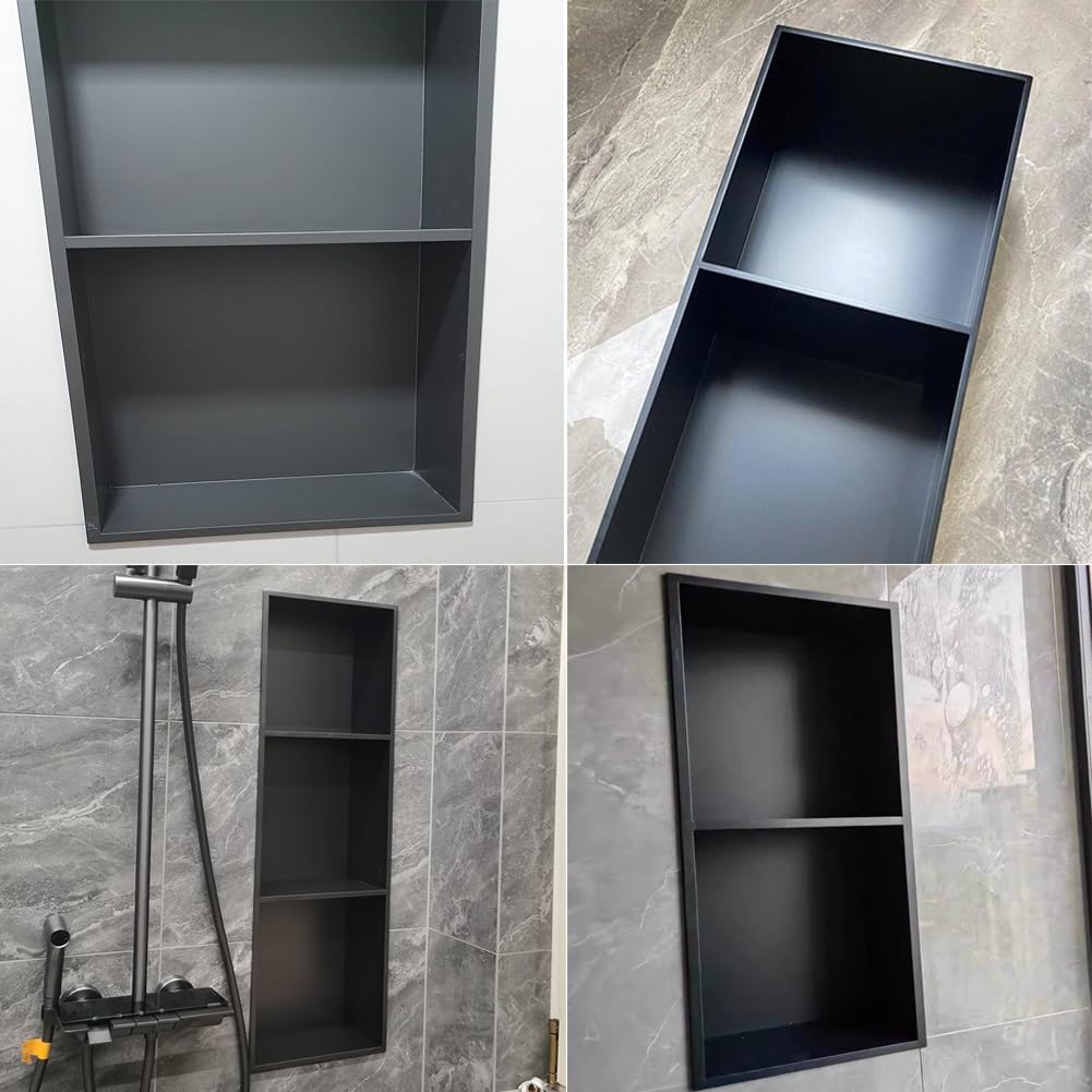Nicho de Ducha de Acero Inoxidable con luz LED, Estante de Ducha Organizador Empotrado, Organizador de Pared Impermeable para baño (Negro, 90 x 28 x 12,5 cm)