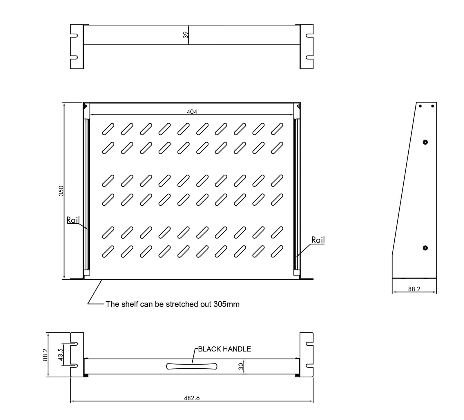 VALUE Tablette 19" coulissante, 2 U, 404 x 350 mm, Charge admissible 30 kg