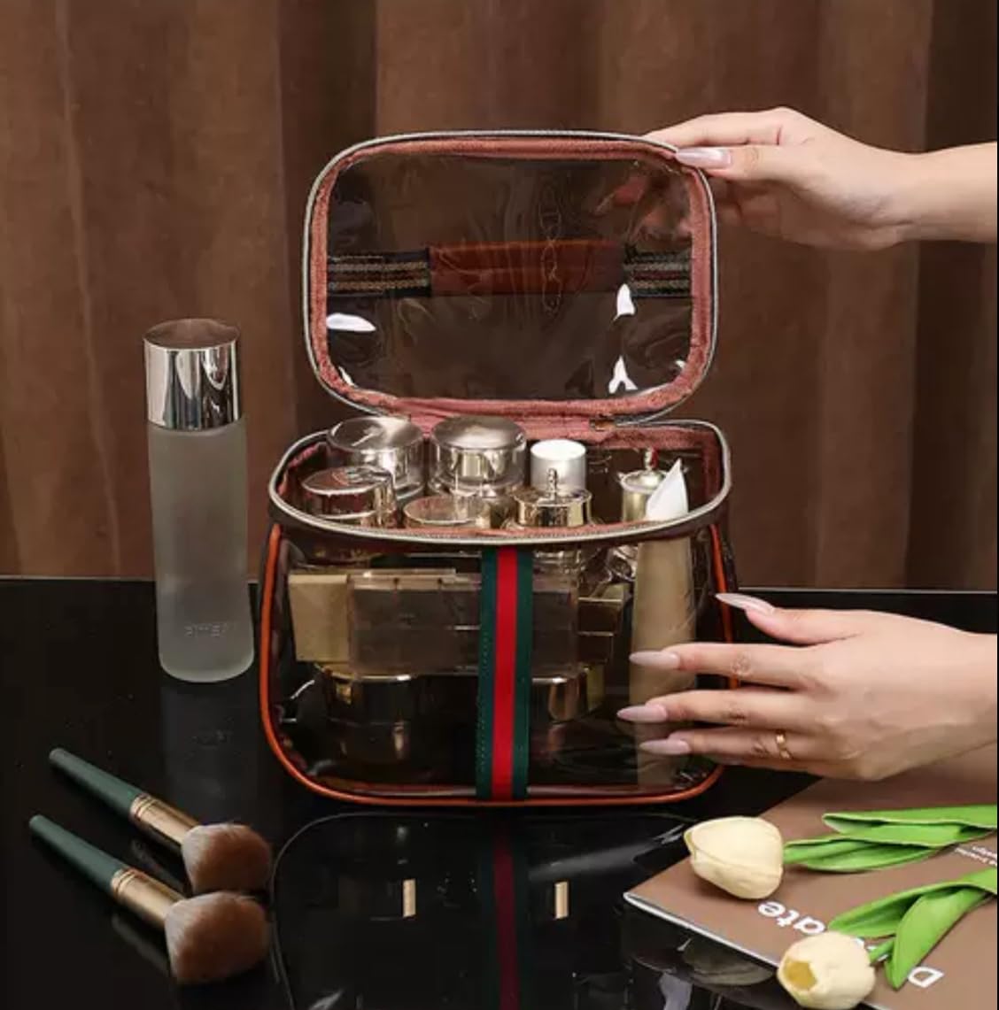 Photo 1 of GLOLOOS New Retro Vintage Vanity Bag, Clear Makeup Organizer with Handle,Large Capacity Waterproof Makeup Organizer bag with Zipper,Travel Cosmetic & Skincare Storage Case for Ladies (Coffee)