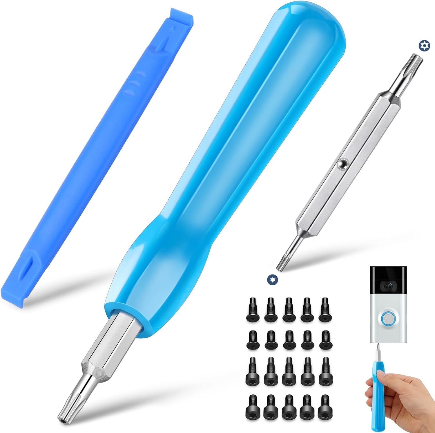 Doorbell Screwdriver Replacement Kits, Double-Ended Torx T6 T15 Video Doorbell Camera Screwdriver with 20Pcs Security Screws for Battery Change & WiFi Password Reset, Fits All Video Doorbell Models