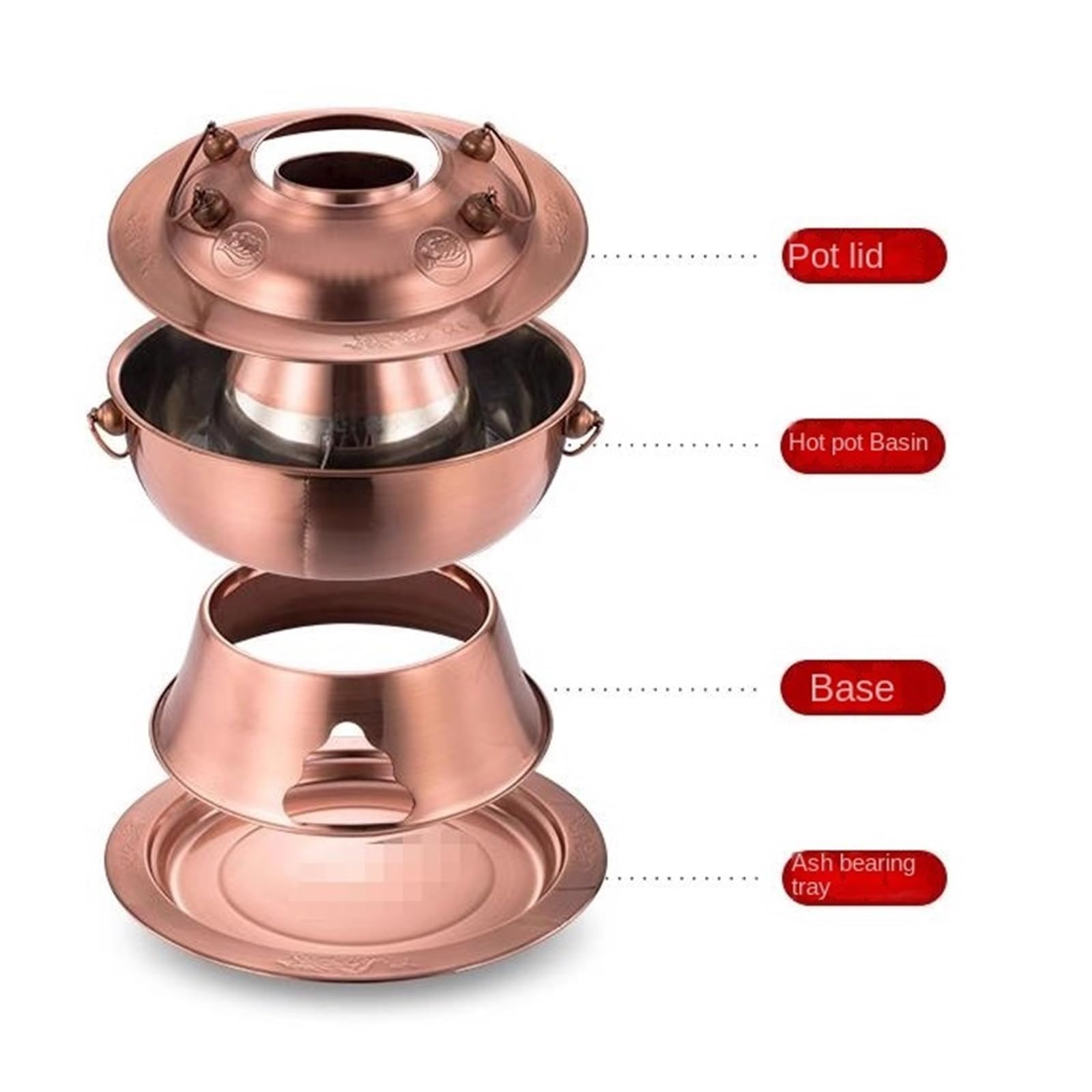 FENOKD Vintage Chinese Style Charcoal Imitation Copper Split Design Stainless Steel Charcoal Shabu Cooker (Copper 30cm)