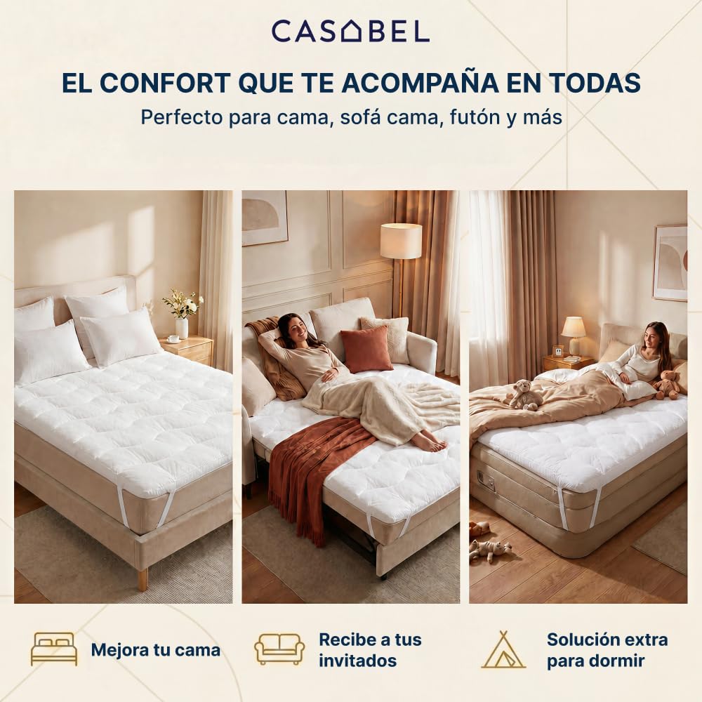 CASABEL Sobrecolchon 140x190, Topper Colchon de Microfibra Transpirable Extra Grueso, Antideslizante y Antialergico, Topper con 4 Bandas Elasticas
