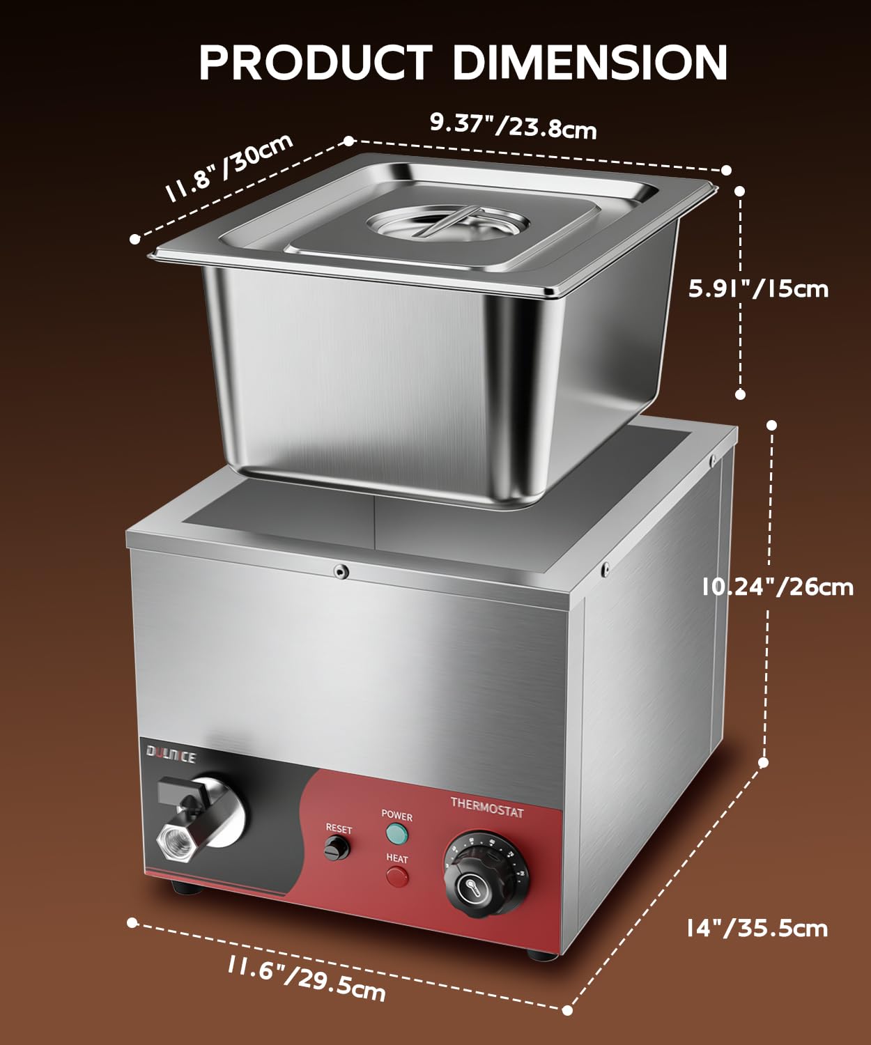 Bain Marie - Calentador eléctrico GN 1/2 con reinicio, 600 W, acero inoxidable, con grifo de desagüe, para fiestas, catering y restaurantes, 30-85 °C