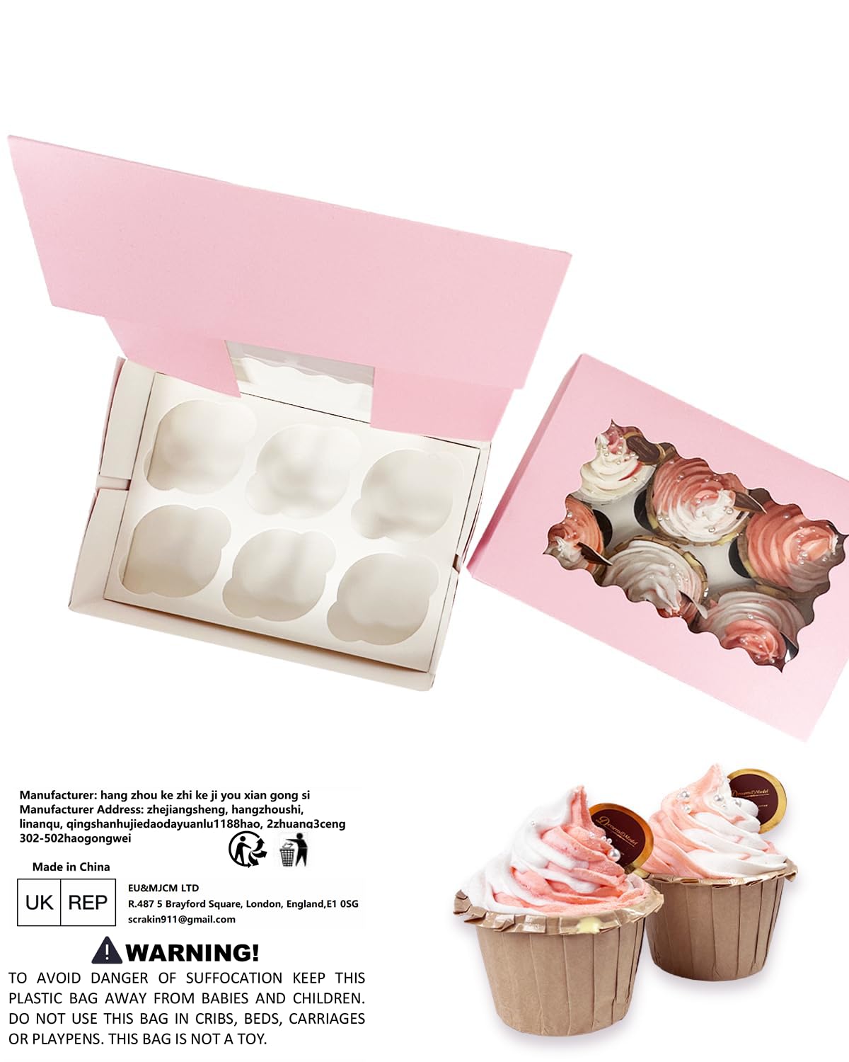 Gcardist 25 paquetes de 6 cajas para cupcakes con ventana, caja rosa para cupcakes de 23,87 x 15,49 x 7,62 cm, cajas de panadería para portador de cupcakes, recipientes para cupcakes (9.4 x 6.1 x 3