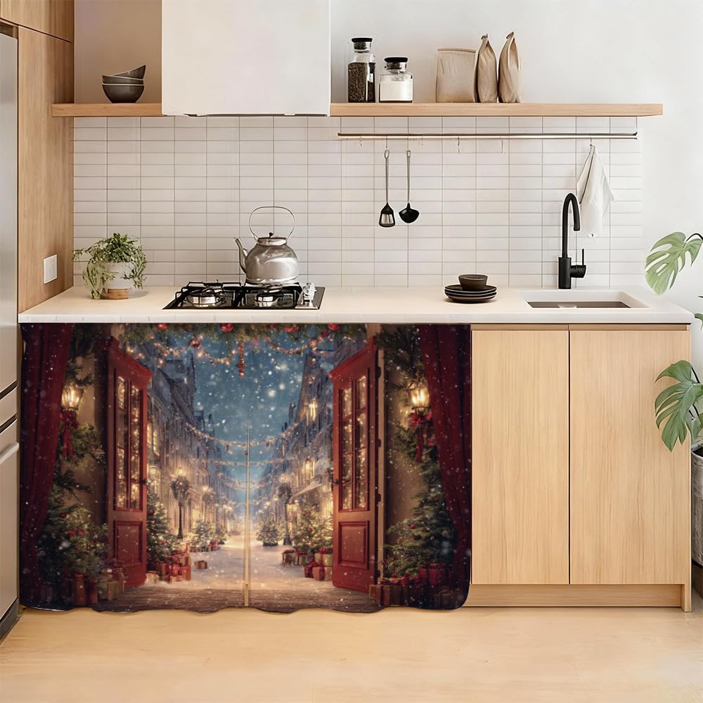 Self Adhesive Vintage Street View Cabinet Curtain for Mother's Day, 39x28 Inch Open Door Scenery Under Sink Skirt No Drill, Spring Cleaning Kitchen Decor, Hook and Loop Valance
