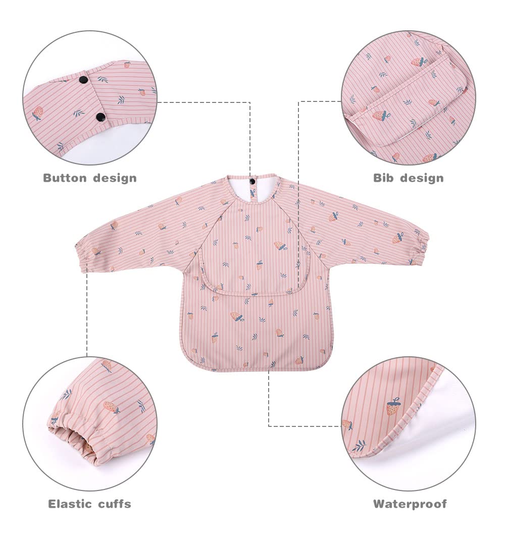 Vicloon Bavaglino a Manica Lunga, Bavaglini Pappa Svezzamento, Bavaglino Impermeabile con Tasca Frontale, Bavaglino in Tessuto PU Impermeabile, Drool Bavaglini per Bambini da 6 a 12 Mesi, Fragola Rosa