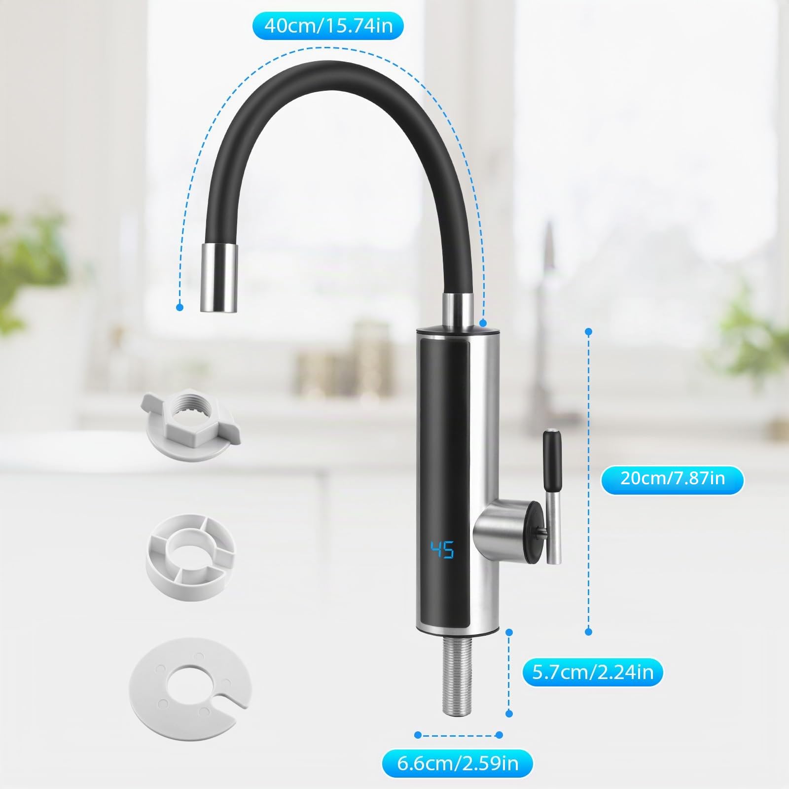Calentador de Agua Electrico Instantaneo, 3000 W Grifo de Cocina con Indicador de Temperatura LCD, 360° Flexible Rotación, para Cocina Jardín Baño