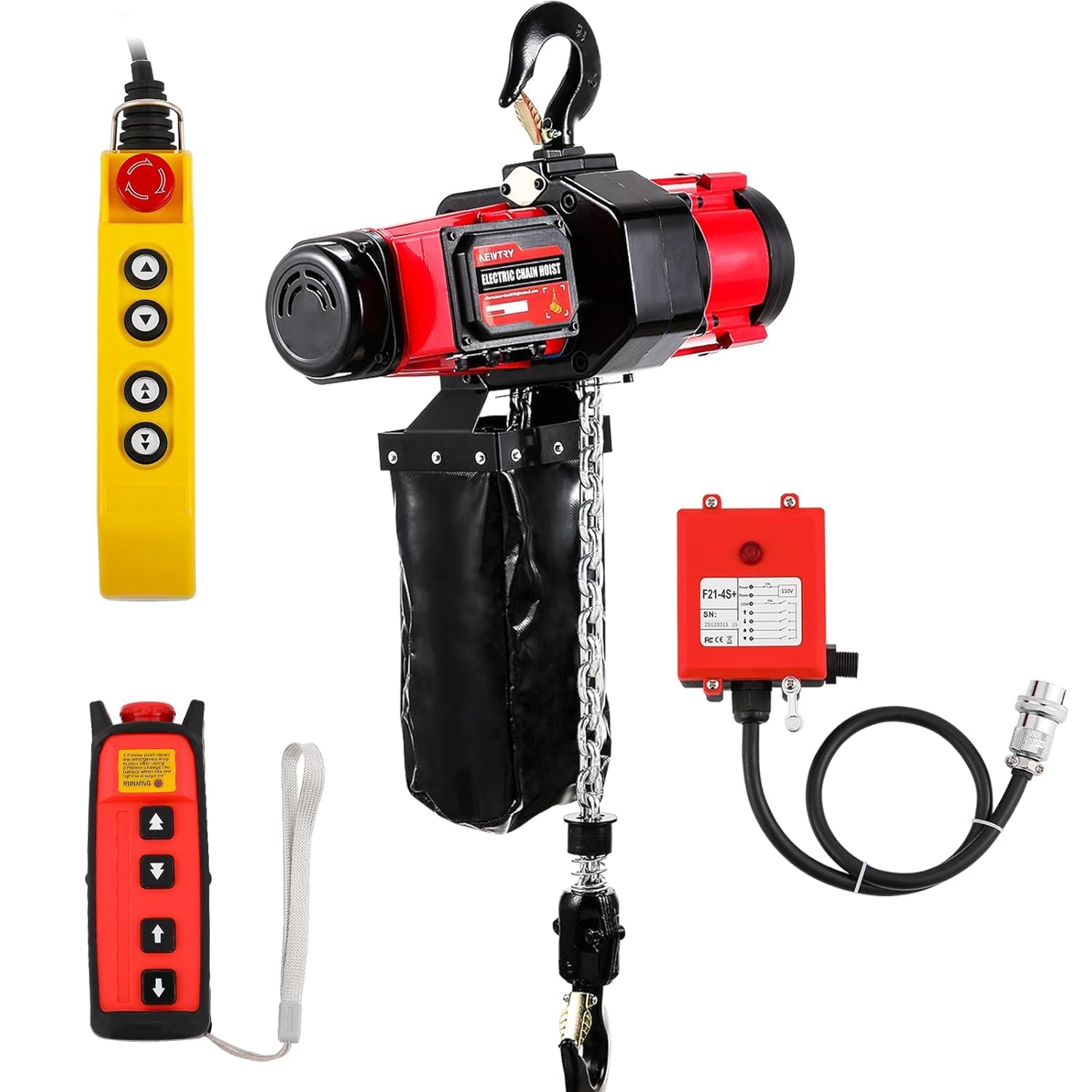 NEWTRY Palan électrique à chaîne 2500 W, 1000 kg, 2 vitesses, 4 m/min et 6,8 m/min, moteur sans balai, contrôle sans fil et filaire, hauteur de levage G80 3 m