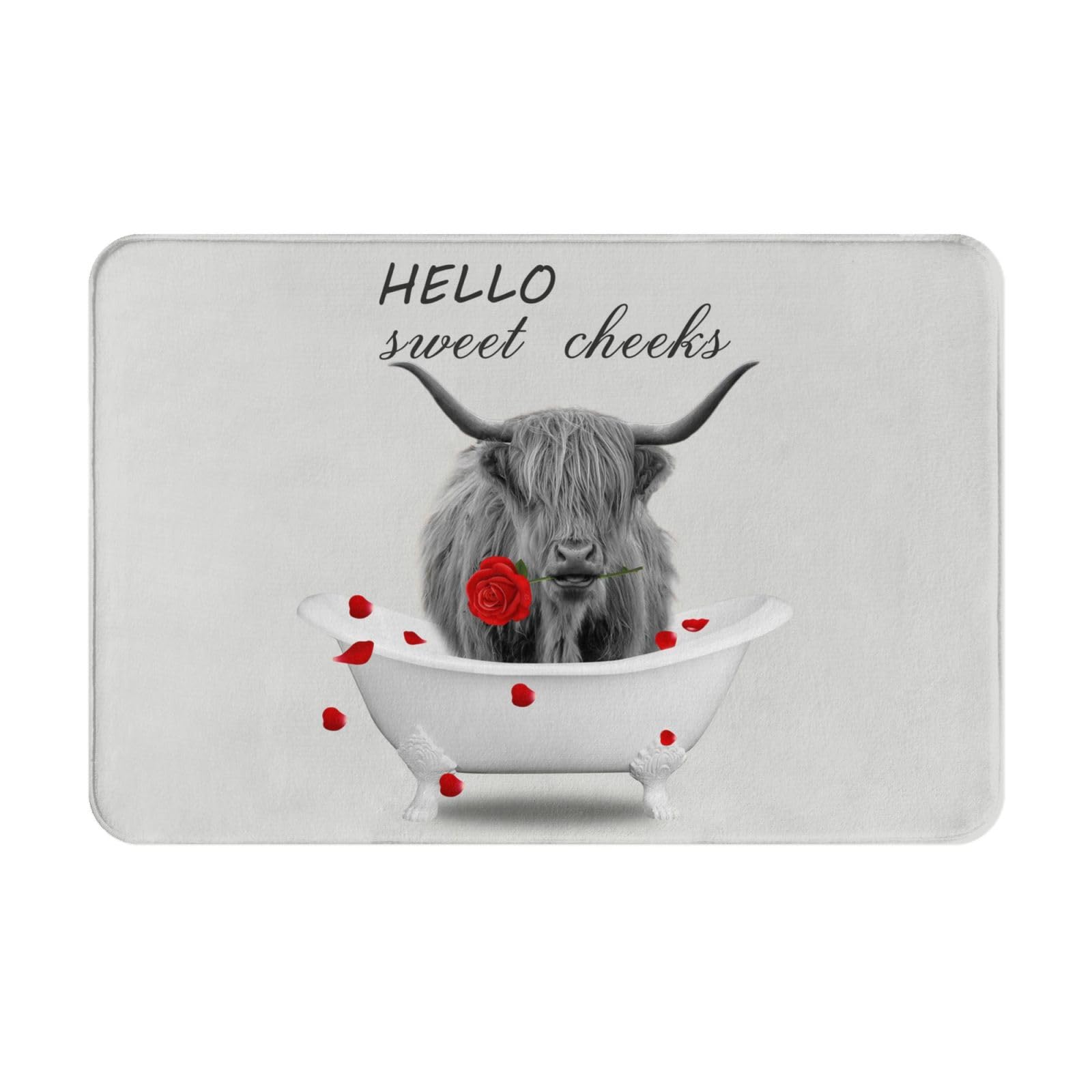Beynepe Highland Cow Bath Mat for Bathroom, Farmhouse Cow Rose Non Slip Bathroom Rug, Western Farm Animal Cattle Longhorn Bull Hello Sweet Bath Mat, Grey Kitchen Floor Shower Mat Rugs 16x24 Inch