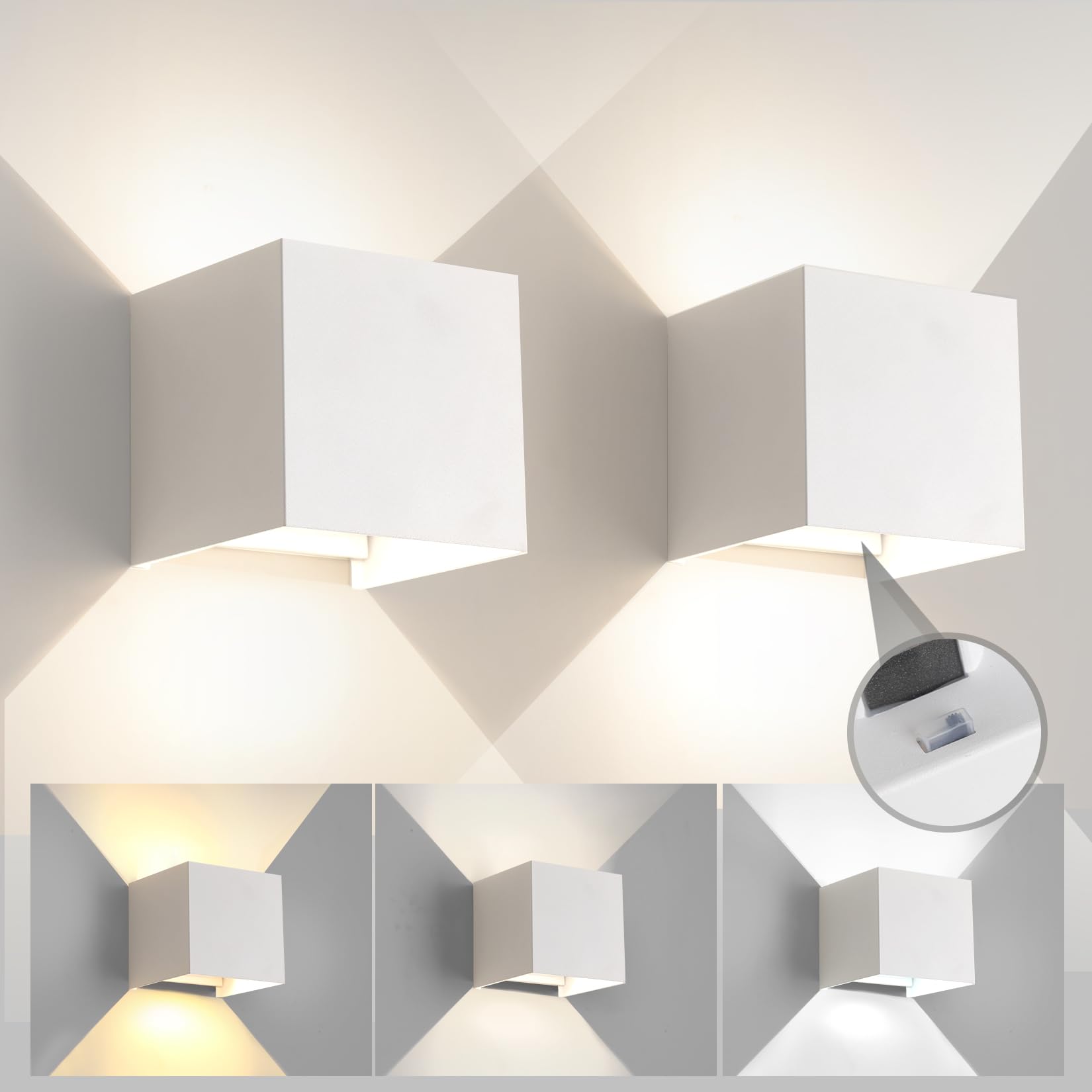 Mille Lucciole 2 Piezas Aplique de Pared Exterior/Interior Luz Ajustable de 3 Colores LED Lámparas de Pared Moderno Blanco 6W IP65 Impermeable Apliques de Exterior Arriba y Abajo Ángulo Ajustable