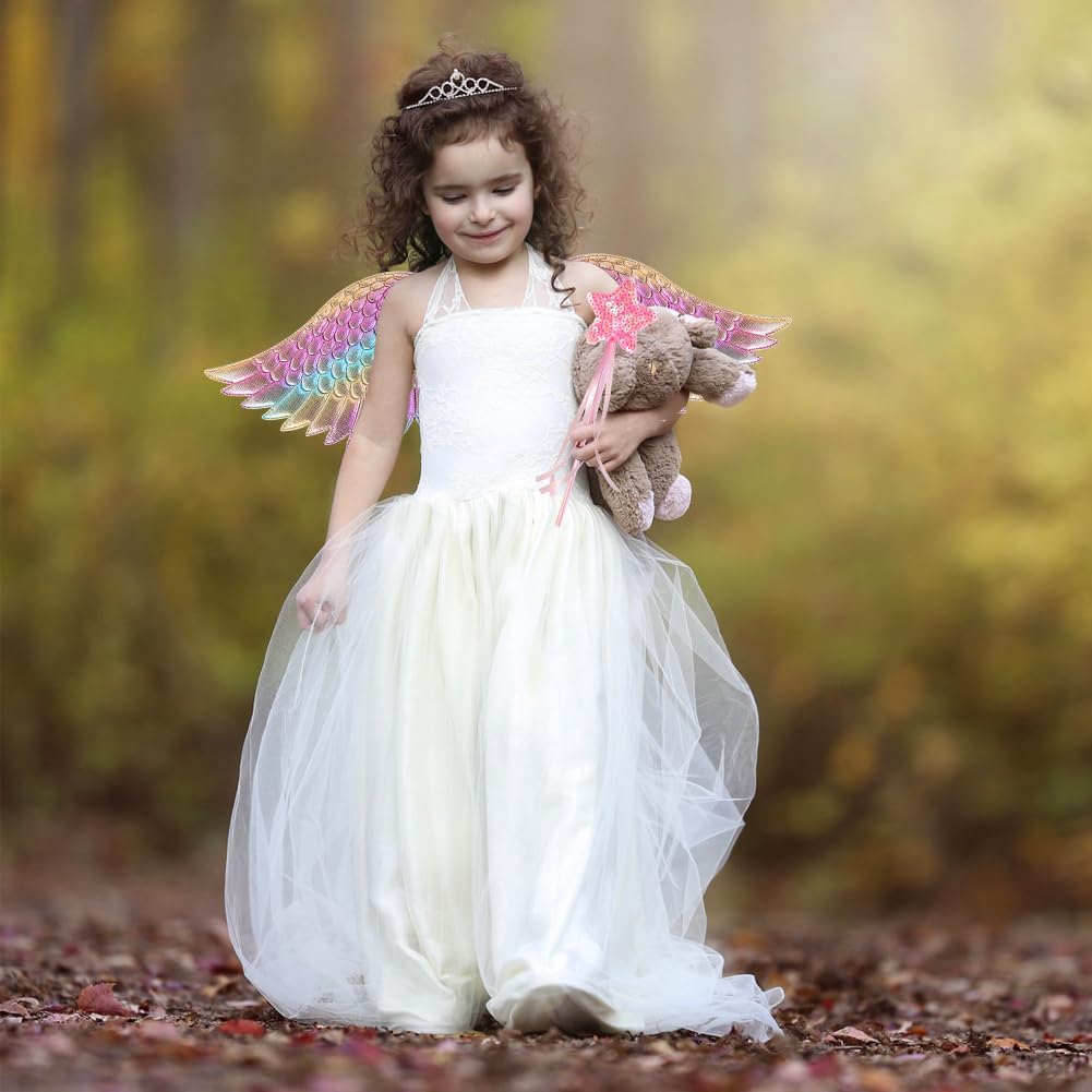 EQLEF Angel Wings for Girls Angel Fairy Wings With Star Fairy Wand Angel Costume Kids Fairy Wings Dress Up Angel Outfit for Halloween Christmas Party Cosplay (3-7 Years Old) - Image 4