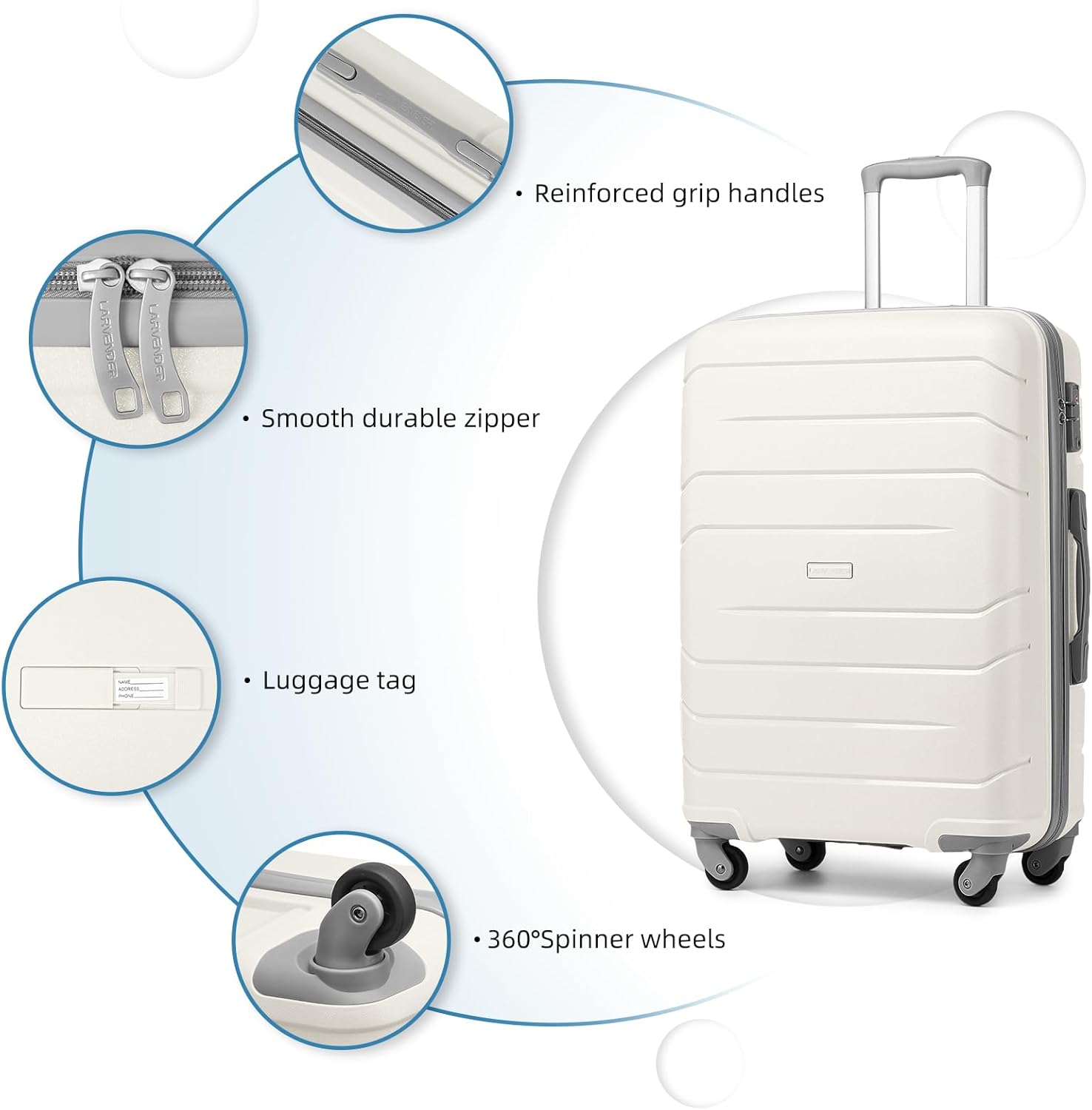 LARVENDER 3-Piece Carry On Luggage Set for Women,Hard Shell Suitcase 20Inch Carry On Luggage 22x14x9 Airline Approved, Spinner Wheel and TSA Lock（White 20Inch/DB/TB） - Image 4