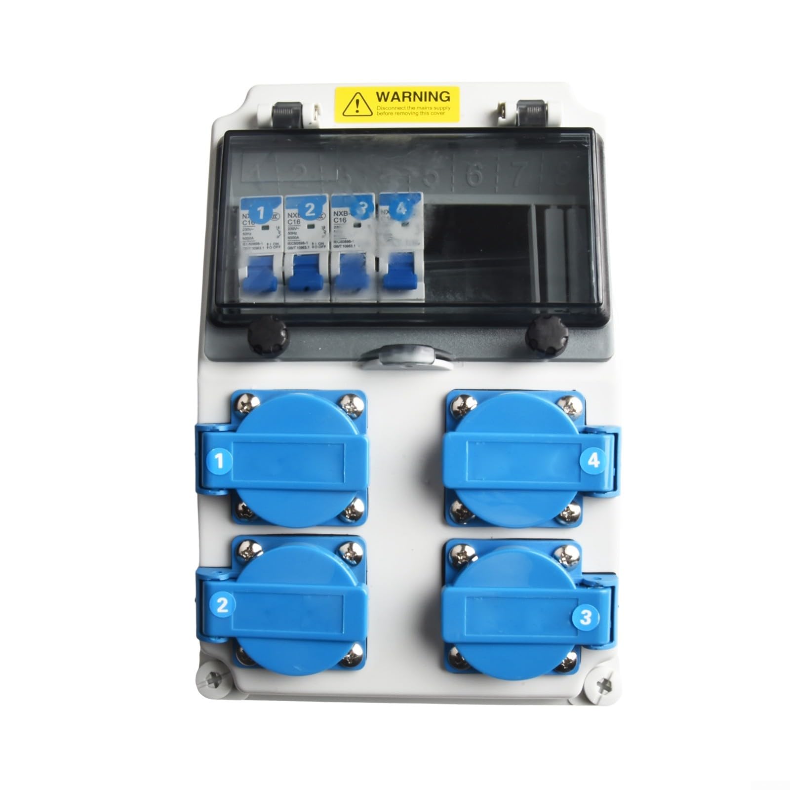 Distribuidor de corriente para construcción IP65, resistente al agua, 4 enchufes con interruptor de protección FI, fusibles automáticos de 16 A, carcasa ABS 260 x 170 x 140 mm, para interior y