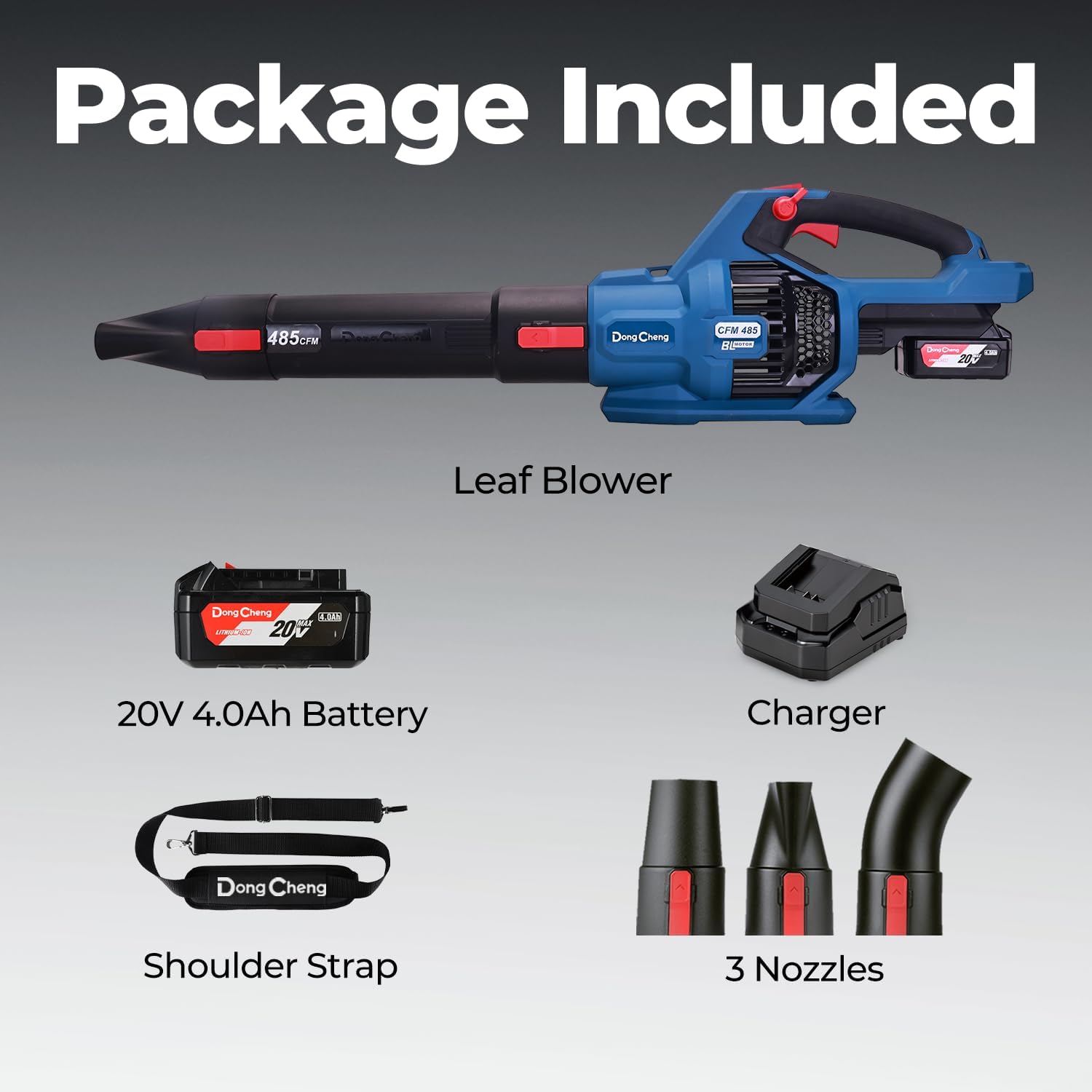 Dong Cheng Brushless 20V Leaf Blower, 485 CFM Variable Speed & Turbo Mode, Cordless Leaf Blower with 3 Nozzles, Shoulder Strap, 4.0Ah Battery and Charger, Blowing Leaves for Patio, Lawn & Garden