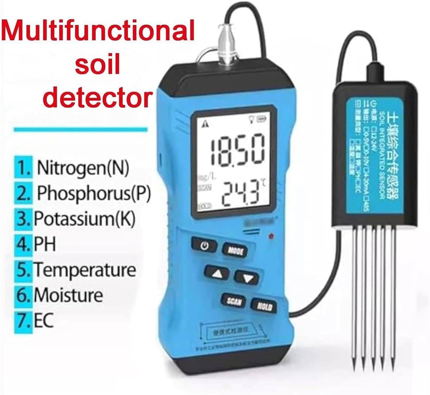 Probador de suelo - Medidor digital 7 en 1 para pH, humedad, conductividad de nutrientes, fósforo, potasio y NPK para pruebas de fertilidad del suelo