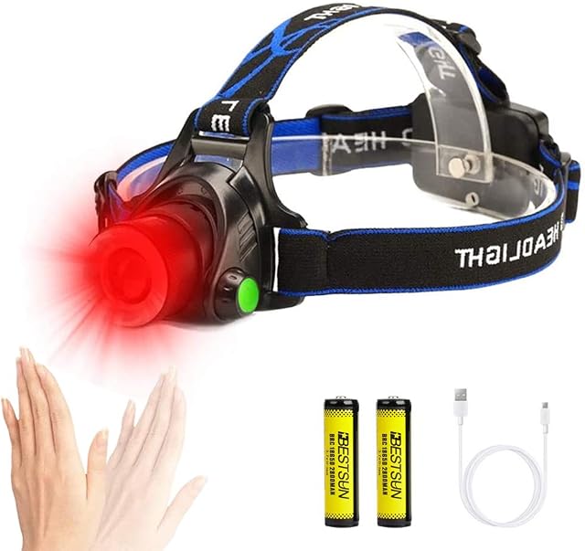 XLENTGEN Head Torch Red Light Rechargeable Headlamp with Motion Sensor - 3 Modes Zoomable Headlight Waterproof Head Lamp for Hunting, Fishing, Astronomy