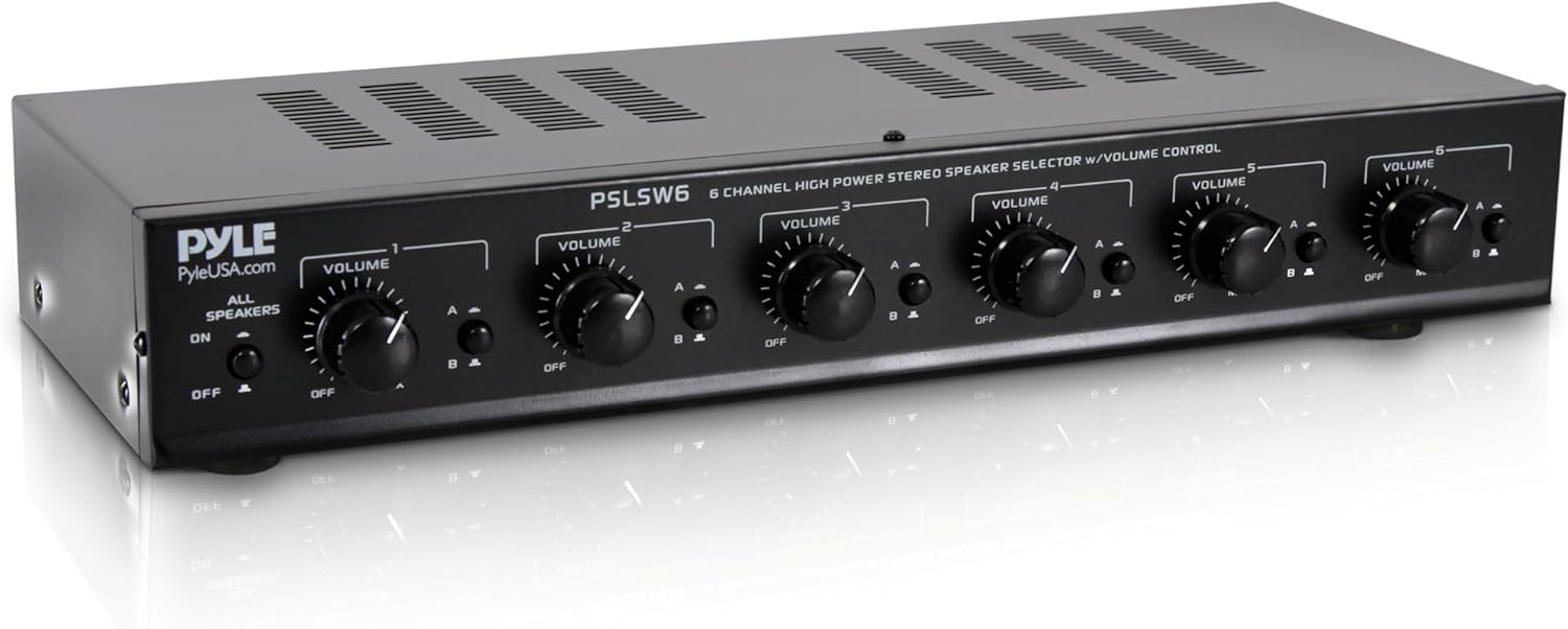 Pyle 6 Channel Speaker Selector Switch - Multi Zone A B Speaker Distribution Controller Box w/ Independent Audio Source Volume Control, Supports Home Theater Stereo Receiver System - Pyle PSLSW6 Volume & Selector