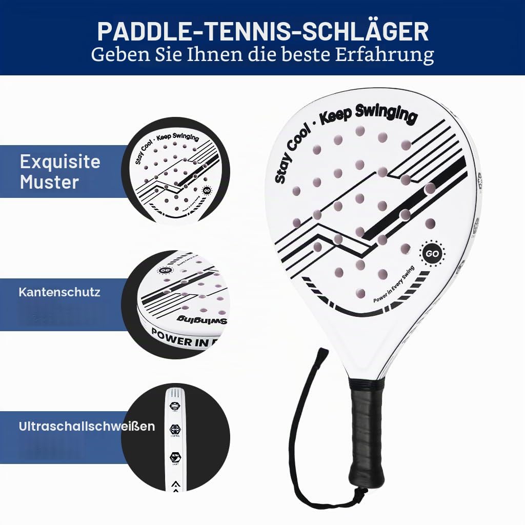 Padel Schläger-Set mit ABS-Oberfläche und Eva-Schaumkern, für Erwachsene, inklusive Zwei Bällen und Tragetasche, ideal für Beach & Court (Weiß/Schwarz)