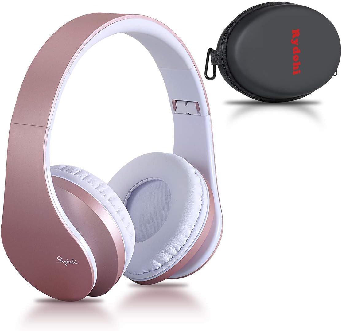 Bluetooth Headphones Over Ear, Rydohi Wireless Stereo Headset with Deep Bass, Foldable and Lightweight, Wired and Wireless Modes Built in Mic for Cell Phone, TV, PC- Rose Gold