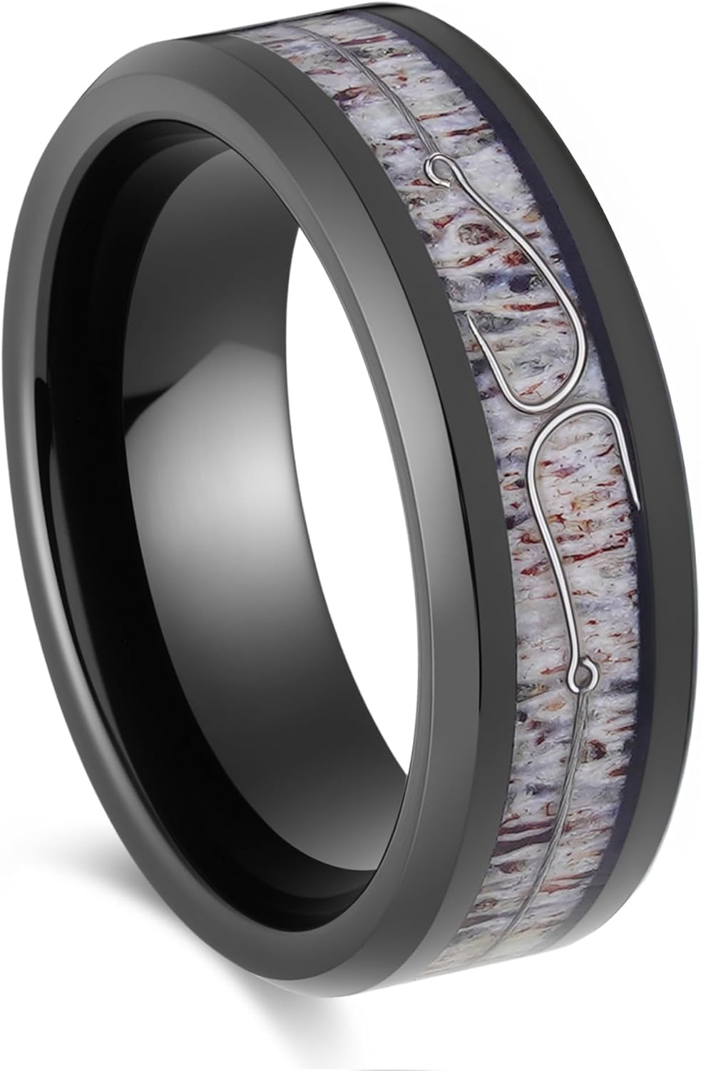 Men's Wedding Ring 8mm Black Tungsten Antler & Fishing Line Hooks Inlay – Comfort Fit Mens Wedding Band with Antique Wooden Ring Box