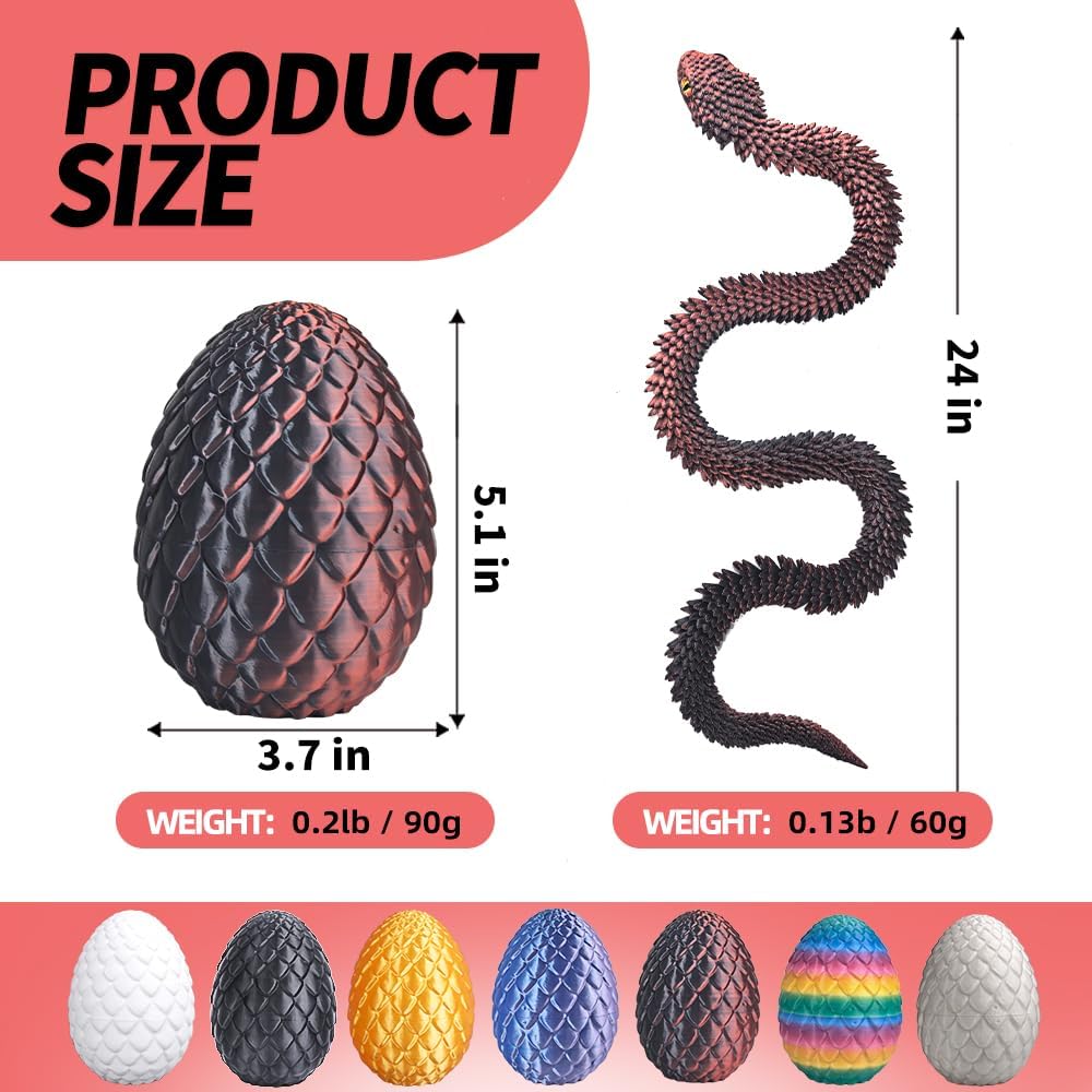 24 inch Snake Fidget Toy, 3D Printed Snake with Egg, Realistic Slithering Design, Stress Relief Desk Decor, Easter Egg for Kids & Adults (Black-Red)