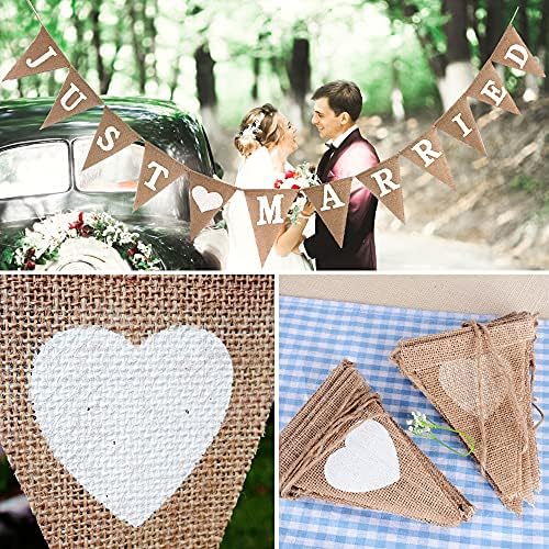 MEJOSER Just Married Bunting Banner with Love Heart Bunting 3Pcs Vintage Burlap Wedding Party Hanging Garlands Flag Romantic Decoration for Wedding Bridal Shower Engagement