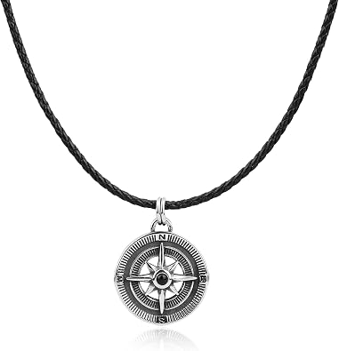 GAVU Men's Stainless Steel Compass Necklace, Crystal Beaded Necklace for Men