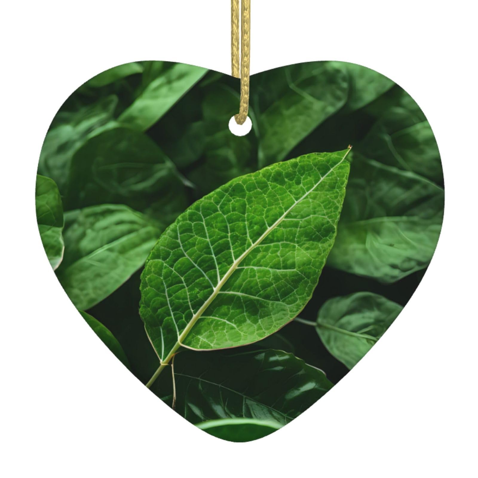 Green Leaf Nature Ceramic Christmas Heart Pendant with Silk Thread, Christmas Tree Home Decoration
