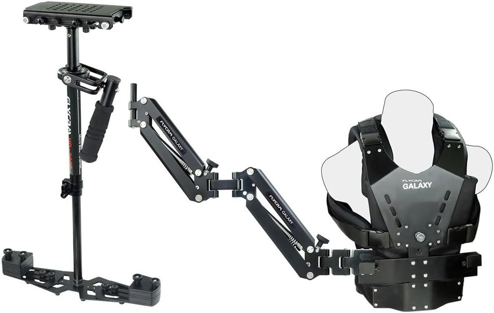 Flycam HD-3000 Telescopic Stabilizer w/Galaxy Arm & Vest for Video Cameras. Micro Balancing, Shock Absorption- Stable Shots. Reduces Fatigue/Strain + Unico Quick Release & Table Clamp (GLXY-AV-HD-3)