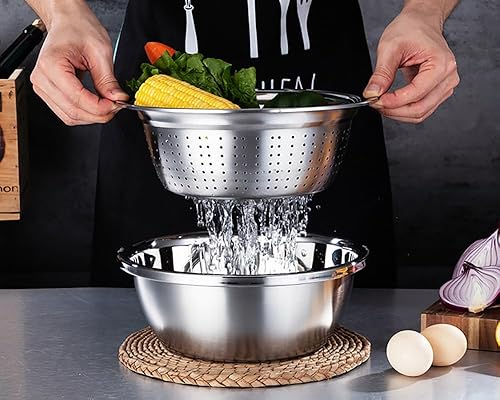 Miniatura 7 de Colador microporoso de acero inoxidable, 5 cuartos de galón de gran capacidad, juego de cuencos de lavado de arroz y coladores con lavado de