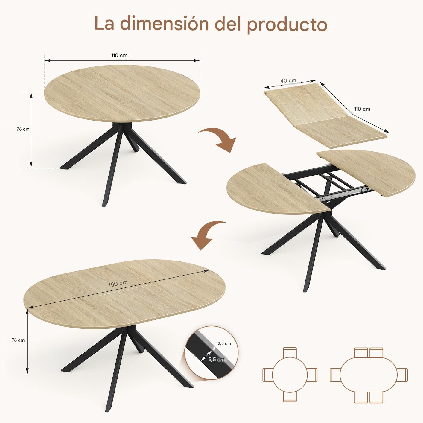 APICIZON Mesa Comedor Extensible, 110-150 x 76 cm Mesa Comedor, Roble | Mesa Redonda Extensible para 4 a 6 personas, Patas Cruzadas Robustas, Mesa de Comedor para el comedor y la cocina