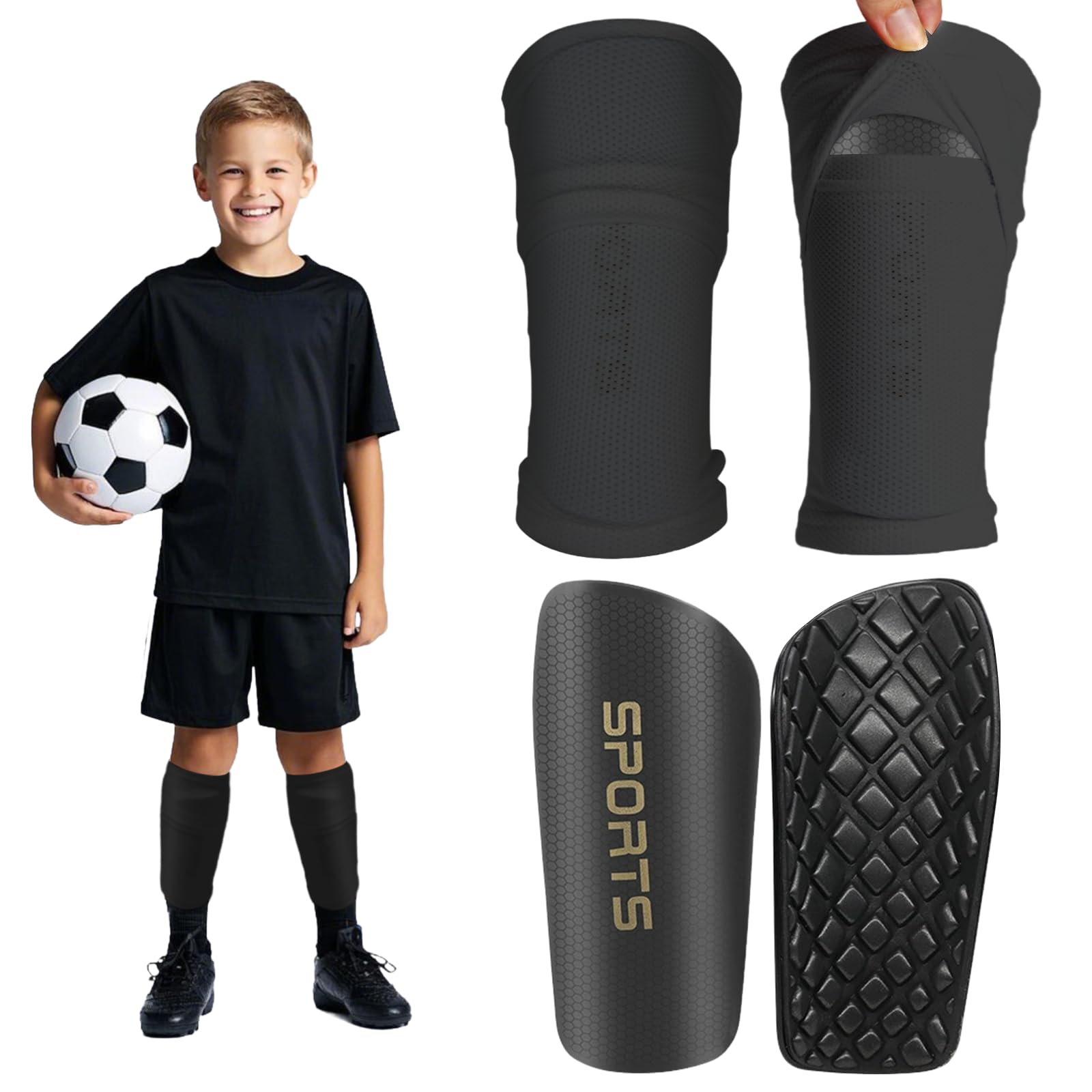 Parastinchi da calcio per bambini, versione 2025, in schiuma ad alta densità, con maniche, parastinchi protettivi per ragazzi, pratica quotidiana, competizioni scolastiche, giochi all'aperto