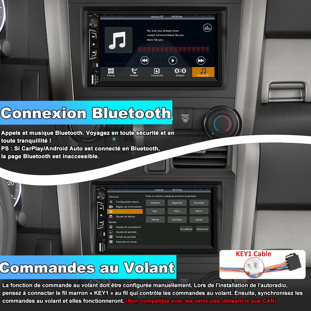 AWESAFE Autoradio 2 DIN CarPlay & Android Auto | Écran Tactile IPS 7 Pouces | Bluetooth 5.0 GPS | Caméra de Recul | MirrorLink | FM EQ | USB Type-C AUX