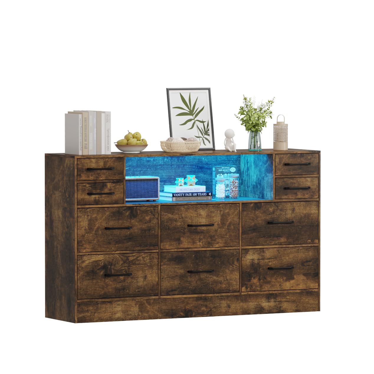 TRIOBLADE Chest of Drawers with 16 Colour LED Lights 10 Drawer Fabric Storage Unit with Wood Top Sturdy Frame Wide Dresser Bedroom Furniture for Living Room Hallway Closet 120x30x72cm (Rustic Brown)