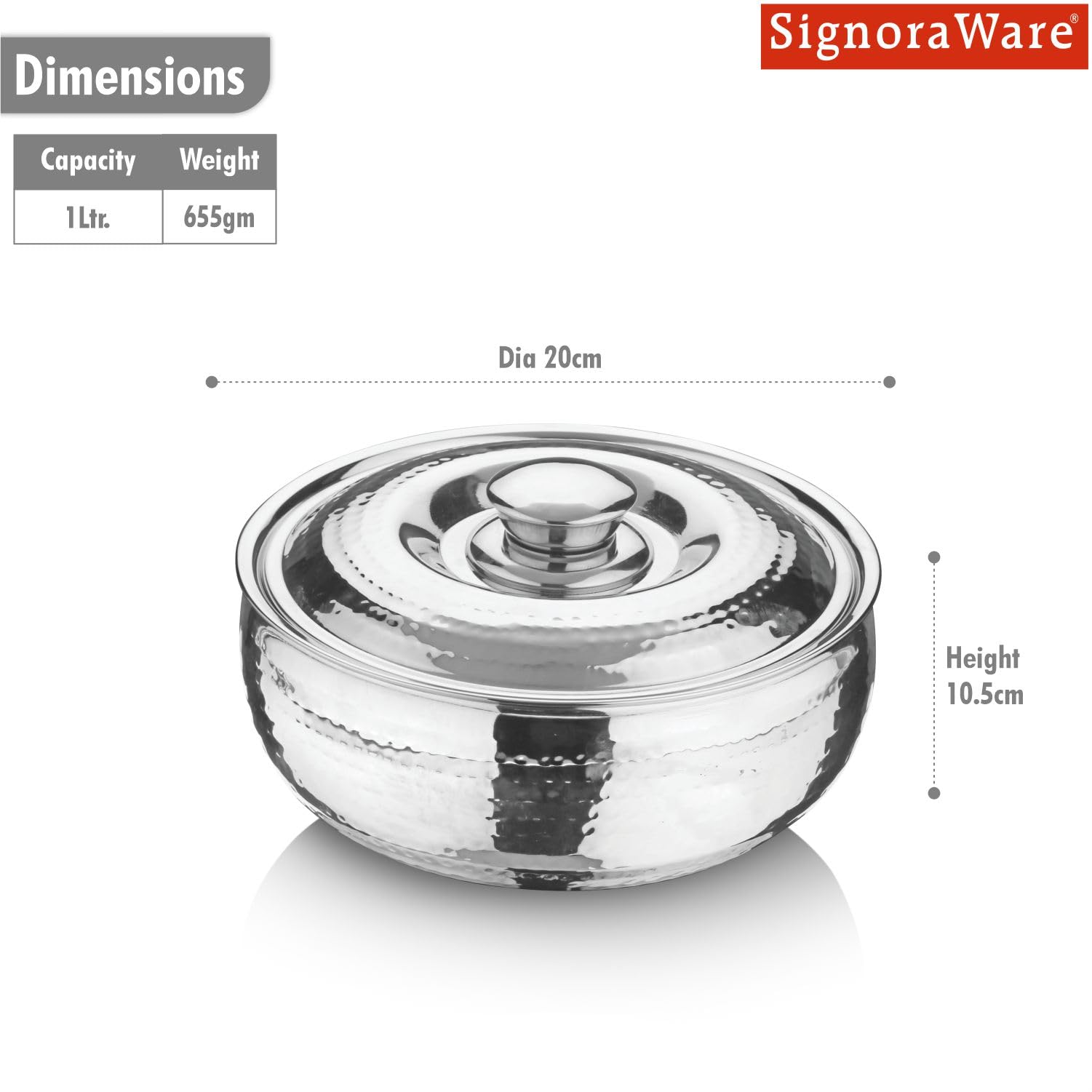 Signoraware Hammered Stainless Steel Casserole | Airtight & Leakproof | Easy-Grip Side Handles | Ideal For Hot Chapattis, Dal, Biryani, Sabzi & Pulao | Great for Family Gatherings (1 Ltr | Steel) 1