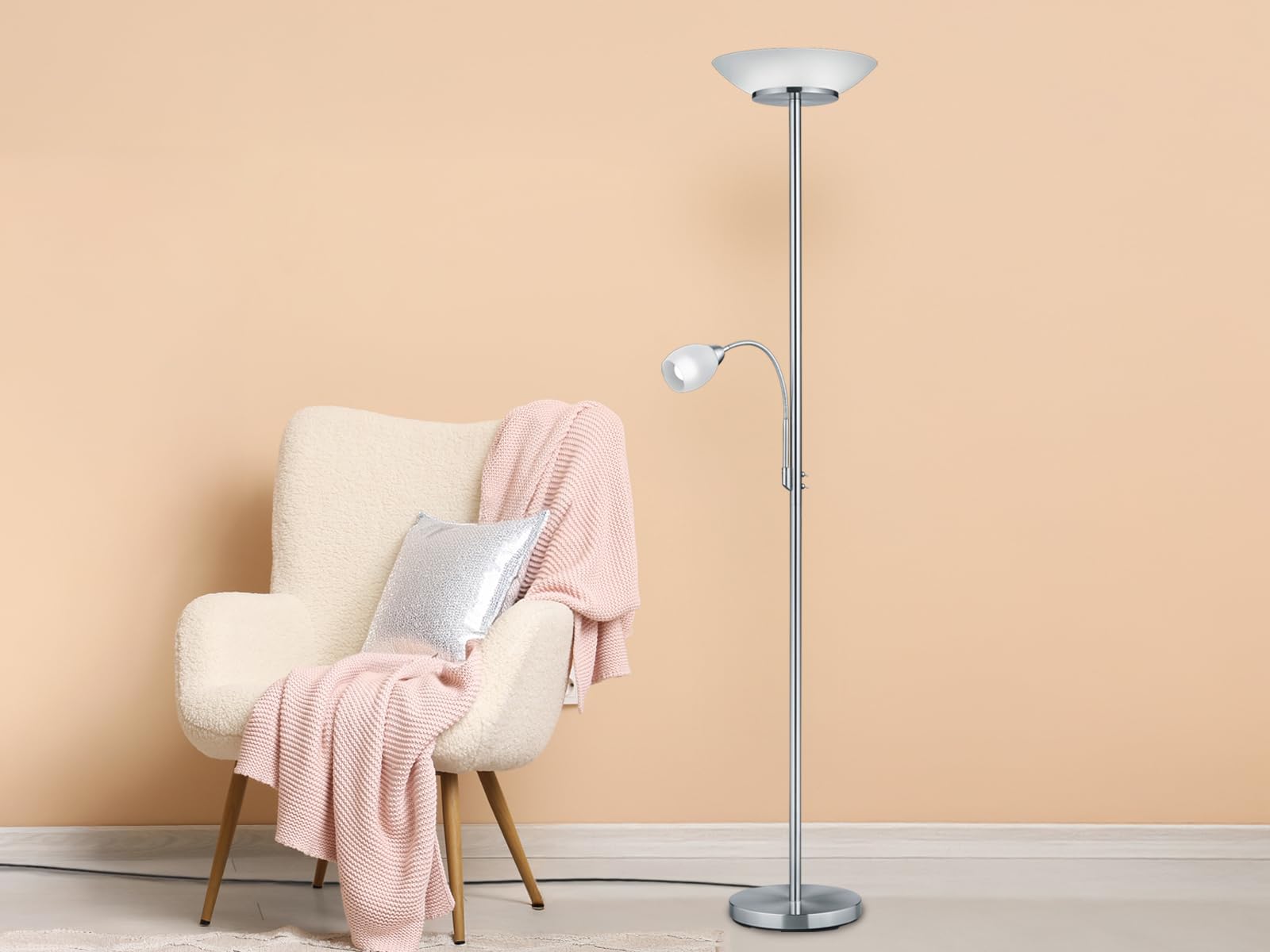 meineWunschleuchte Decken-fluter mit Leselampe & Glassschirm, Silber | Höhe 180cm, mit 2x E27 & 1x E14 LED, flex Leselicht, getrennt schaltbar, klassisches Design, Stehlampe zum Lesen